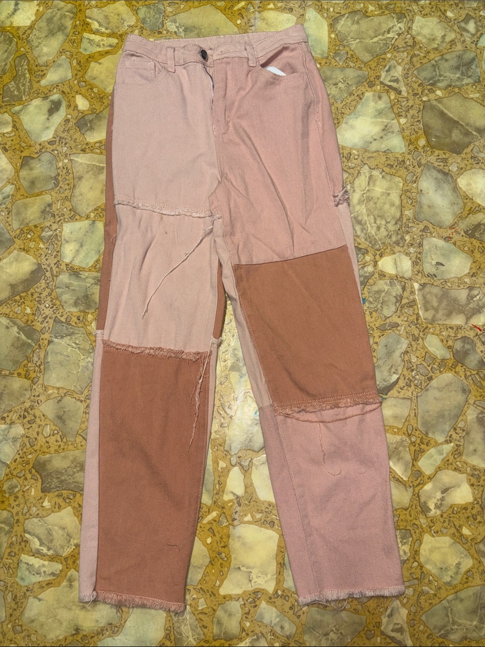 SHEIN Two-Tone Patchwork Pink & Brown Casual Jeans